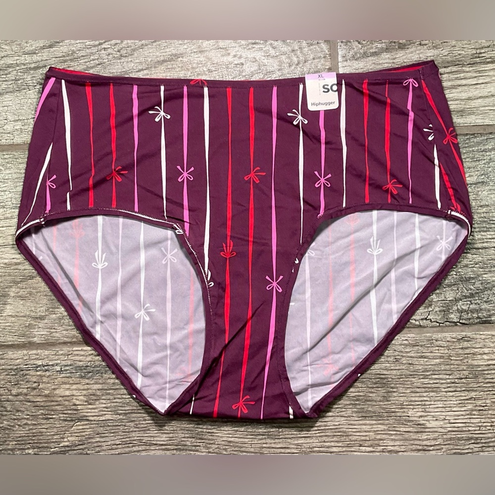 New SO Intimates microfiber Hiphugger Panties Size XL Burgundy Ribbons Design